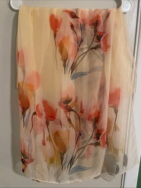 Moma Sheer Floral Scarf in Peach, Coral and Blue-Grey